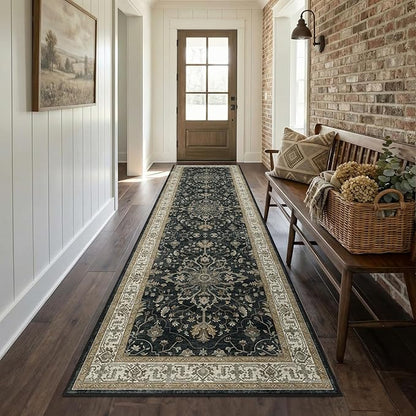 Area Rugs 2'x8' Runner Rug Non Slip Washable for Kitchen Hallway Bedroom Beside Laundry Room Bathroom Rug, Floor Carpet, Vintage Black Brown Neutral
