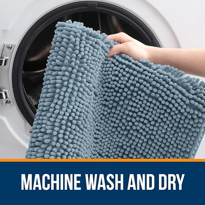 OLANLY Bathroom Rugs 47x24, Extra Soft Absorbent Chenille Bath Rugs, Rubber Backing Quick Dry, Machine Washable Bath Mats for Bathroom Floor, Tub and Shower, Home Decor Accessories, Airy Blue