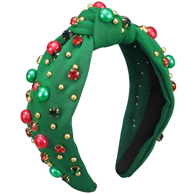 Christmas Headband for Women Xmas Bow Knotted Headbands Green Jeweled Crystal Top Knot Hairband Rhinestone Pearl Wide Head Band for Christmas Holiday Hair Accessories Costume Party Outfits Gifts