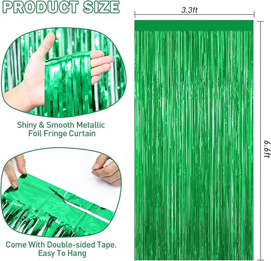 Green Tinsel Backdrop Foil Fringe Curtains - 2 Packs Door Streamers Backdrop for Birthday Door Decorations, Party Supplies for Bachelorette, Graduation, Christmas, Disco Decor