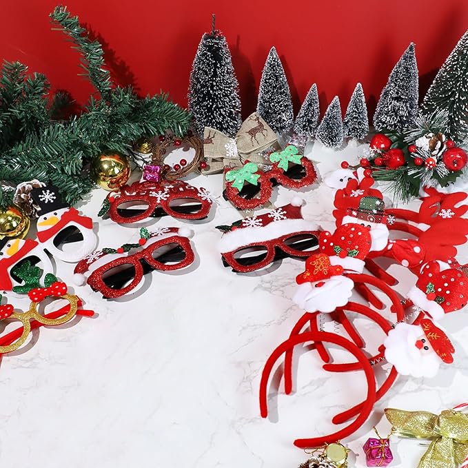 Hiboom 64 Pcs Christmas Glasses Frame and Headbands Set, Glitter Eyewear with Christmas Headband for Adults Holiday Party Decoration Photo