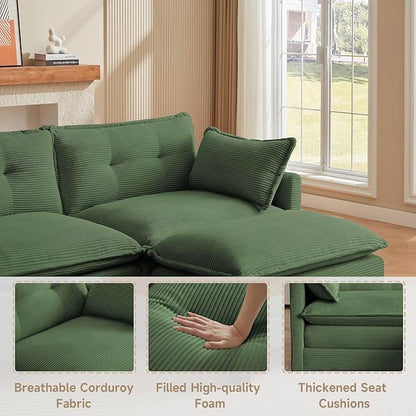 Modular Sectional Sofa, 111.5" U-Shaped Corduroy Comfy Sectional Couches for Living Room, 3-Seater Cloud Couches with 2 Movable Ottomans, Flexible Combination Modern Deep Seat Sofa (Green)