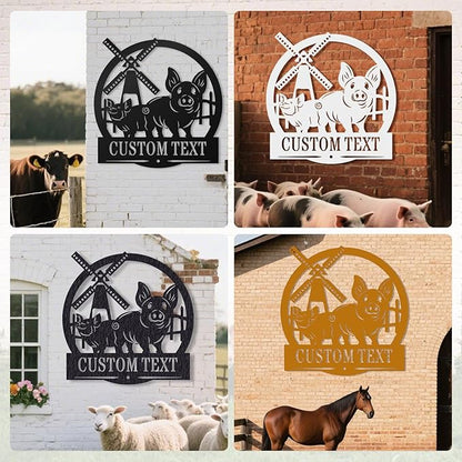 Custom Sign with Pig & Windmill - Custom Metal Sign, Pig Farm Sign, Rustic Pig Pens Farmhouse Decor Outdoor Decor, Gift for Mother's Day, Mom, Farmers, Grandma, Animal Lovers, Garden or Barn Decor