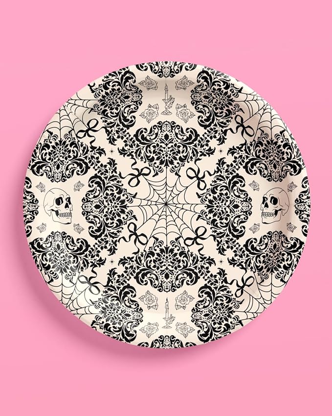 xo, Fetti Romantic Horror Paper Plates | 25 pcs | Gothic Party Tableware, Spooky Chic Dinnerware, Halloween Romance Decor, Dark & Elegant Party Supplies