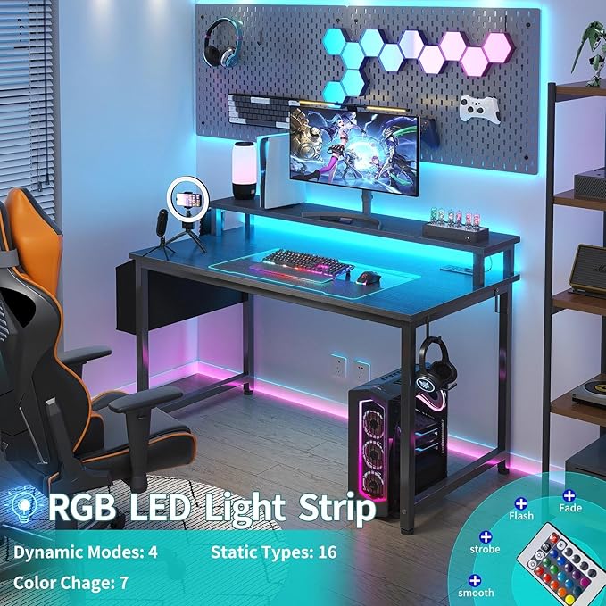Lufeiya Black Gaming Desk with LED Lights and Power Outlets, 40 Inch Teen Writing Study Table Home Office Desks with Monitor Stand, Computer Desk with Charging Station USB Port, Black