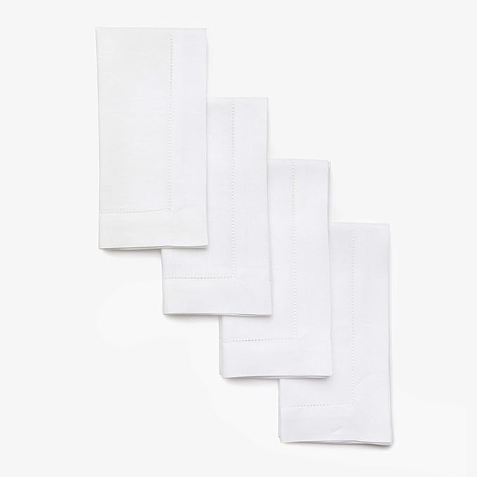 Solino Home White Linen Napkins Set of 4-100% Pure Linen Hemstitch Dinner Napkins 20 x 20 Inch for Fall, Autumn, Winter, Christmas, Holiday, New Year - Classic Hemstitch