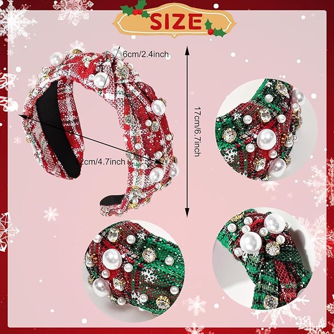 2 Pcs Christmas Headbands for Women Pearl Rhinestone Knot Headband Xmas Crystal Jeweled Hair Band Bow Wide Top Knotted Headband Christmas Hair Accessories Holiday Party Outfits(Snowflake Plaid)