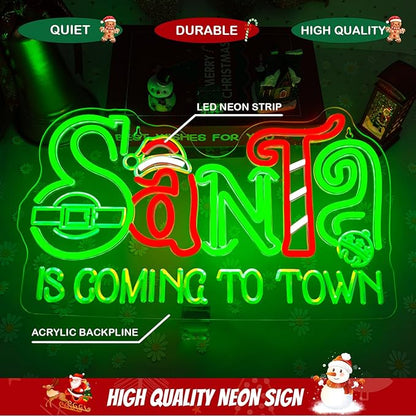 Horseneon Christmas Neon Sign Christmas Light Santa is Coming to Town Neon Sign Bright LED Wall Decoration for Home Shop Bar Santa Claus Neon Signs