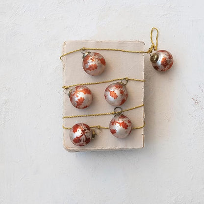 Creative Co-Op Etched Mercury Glass Ball Ornament Garland with Gold Cord, Matte Silver Finish and Coral Color