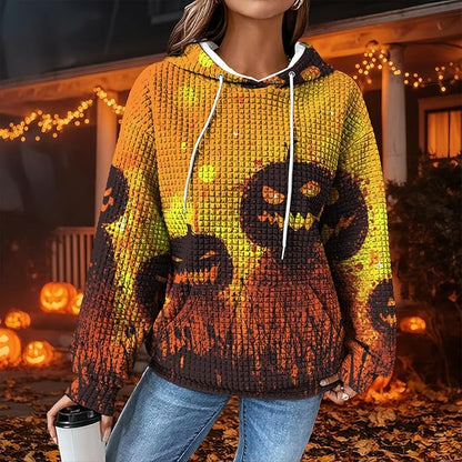 Halloween Sweatshirts for Women Novelty Graphic Drawstring Waffle Hoodies Loose Casual Pullover Tops with Pocket