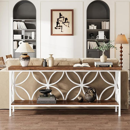 Tribesigns 70.9-Inch Narrow Sofa Table, Industrial Long Sofa Table Behind Couch, Entry Console Table with Storage for Entryway, Living Room, Foyer, Unique Design, Walnut/White