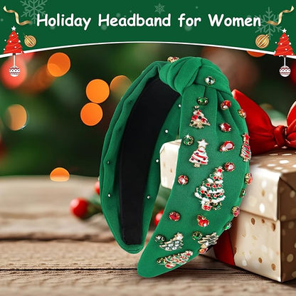 Christmas Headbands for Women, Green Knotted Jeweled Crystal Xmas Headband with Xmas Tree and Rhinestones - Christmas Gifts for Women, Holiday Hair Accessories for Xmas Outfits