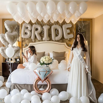 Cream White Bridal Shower party decorations with huge 40 Inch BRIDE letter Pearl Balloons BRIDE to be Sash Bridal Veil and Diamond Ring Heart shape Balloons For Bachelorette party Wedding supplies