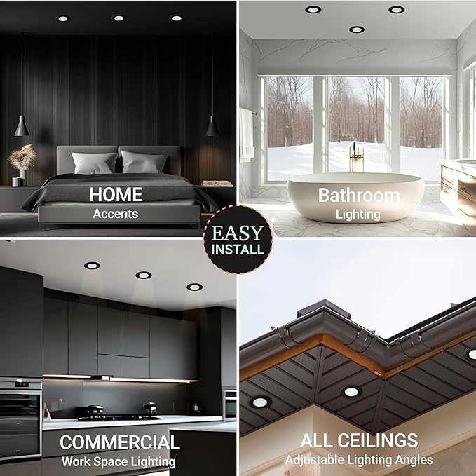 NuWatt 12 Pack, 4 Inch Black Gimbal LED Recessed Lighting, 2700K/3000K/3500K/4000K/5000K Selectable, 630LM, Dimmable, Damp Rated, Canless Adjustable Directional Lights for Sloped Ceilings, Metal J-Box