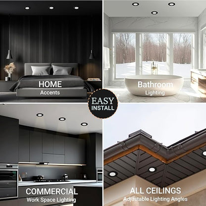 NuWatt 12 Pack, 4 Inch Black Gimbal LED Recessed Lighting, 2700K/3000K/3500K/4000K/5000K Selectable, 630LM, Dimmable, Damp Rated, Canless Adjustable Directional Lights for Sloped Ceilings, Metal J-Box
