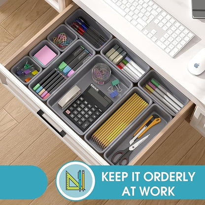 10 PCS Drawer Organizer Set, 4 Size Makeup Drawer Divider Organizer With Non-Slip Pads, Interlocking Plastic Storage Bins for Office,Jewelry Vanity,Gadgets, Bathroom,Kitchen, Grey