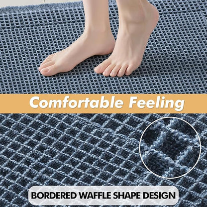 MIULEE Set of 2 Waffle Bathroom Rugs, Boho Bath Rug Super Absorbent, Non Slip Washable Ultra Soft Rubber Backed Shower Bath Mats for Floor, Tub, Shower, Bordered Design, Blue, 18x30 Inch