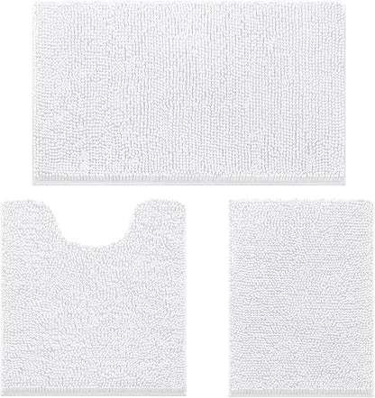 HOMEIDEAS 3 Pieces Bathroom Rugs, Ultra Soft Non Slip Absorbent Chenille Toilet Bath Mat Set (White)