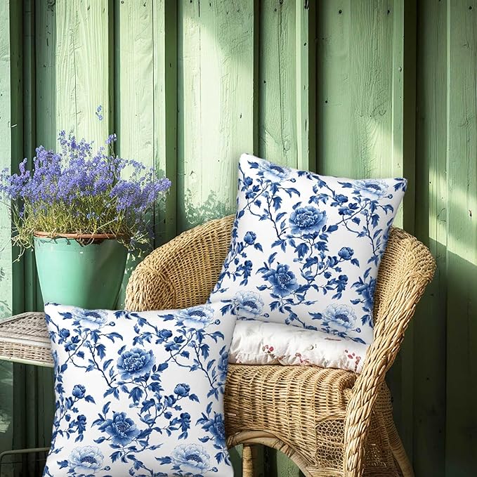 Chinoiserie Floral Throw Pillow Cover 18x18 Set of 2, Cushion Case for Couch, Sofa and Living Room, Vintage Flower Pillow Cases for Home Decor