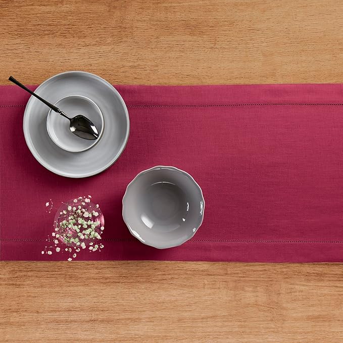 Solino Home Linen Beet Table Runner 132 Inches Long - 100% Pure Linen Extra Long Table Runner 14 x 132 Inch for Fall, Autumn, Christmas, New Year - Classic Hemstitch