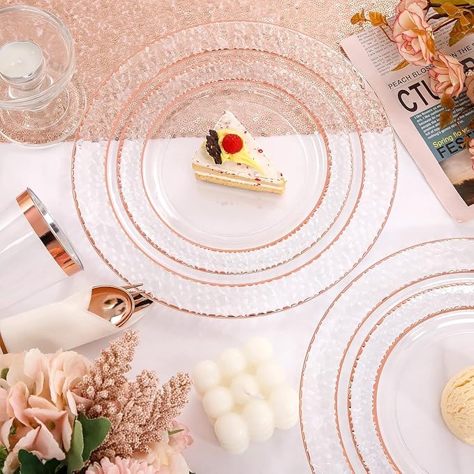 Liacere 350PCS Rose Gold Plastic Plates-Clear Rose Disposable Plates 50 Guests include 50 Dinner Plates,50 Salad Plates,50 Forks,50 Knives,50 Spoons,50 Cups,50 Napkins for Wedding&Party&Mother's Day