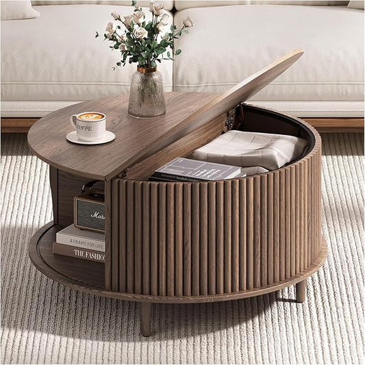 Round Coffee Table with Storage, 31.5" Fluted Center Table for Living Room, Modern Walnut Wood Circle Drum Table with Sliding Cabinet Door, Mid Century Furniture for Small Space