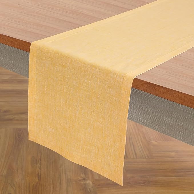 Solino Home Linen Table Runner 120 Inches Long - Athena, 100% Pure Linen Chambray Mustard Yellow Table Runner 14 x 120 Inch for Dining