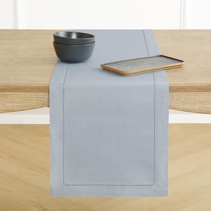 Solino Home Linen Dusty Blue Table Runner 36 Inches - Classic Hemstitch, 100% Pure Linen Coffee Table Runner 14 x 36 Inch Ideal for Dresser Tables - Fall, Autumn, Thanksgiving