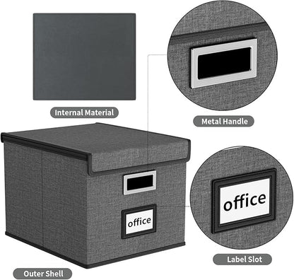 Huolewa File Organizer Box with Lid, Collapsible File Folder Organizer for Office Document Storage, Filing Box with Plastic Slide for Letter Size Hanging File Folders(1 Pack, Dark Grey)