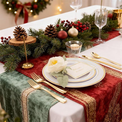 WELLIFE 350Pcs Gold Plastic Plates for 50 Guests - Plastic Dinnerware Set, Includes 100 Party Plates,150 Gold Silverware Disposable,50 Napkins,50 Cups,Disposable Plates for Party and Christmas