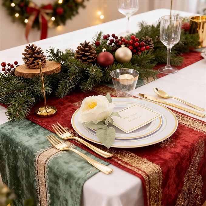 WELLIFE 700 Pcs Gold Plastic Plates for 100 Guests - Disposable Dinnerware Set,Christmas Party Supplies Includes 200 Gold Plates,300 Plastic Silverware,100 Napkins,100 Cups for Party and Christmas