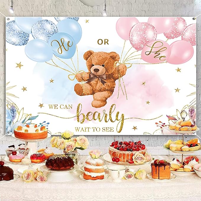 6x3.6ft Gender Reveal Backdrop Baby Bear Boy or Girl Photography Background Baby Shower Party Blue and Pink Banner Decorations Supplies Photo Booth Props