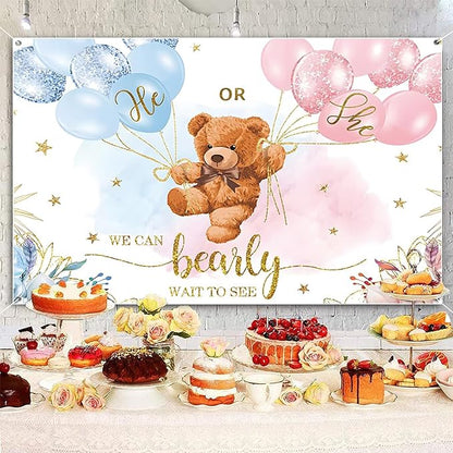 6x3.6ft Gender Reveal Backdrop Baby Bear Boy or Girl Photography Background Baby Shower Party Blue and Pink Banner Decorations Supplies Photo Booth Props