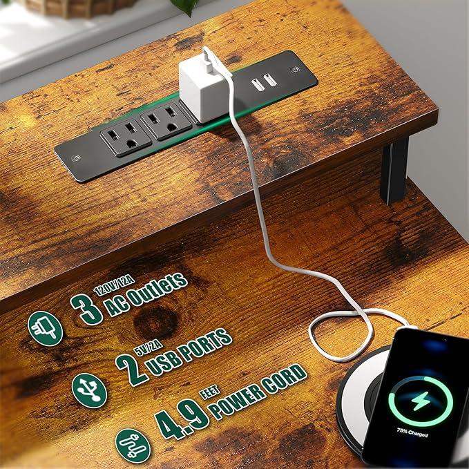55 Inch Gaming Desk with Power Outlets and LED Lights, Reversible Computer Desk with 5 Fabric Storage Drawers, Home Office Desk with Monitor Stand for Working Writing Study, Rustic Brown
