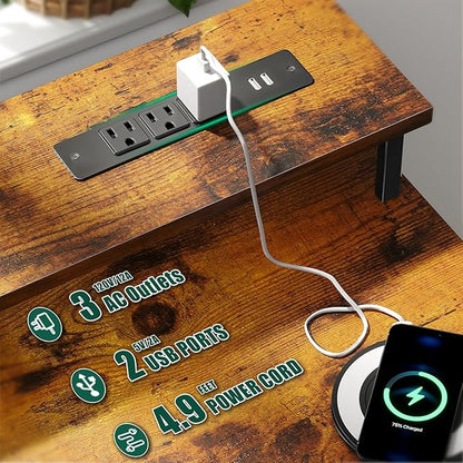 55 Inch Gaming Desk with Power Outlets and LED Lights, Reversible Computer Desk with 5 Fabric Storage Drawers, Home Office Desk with Monitor Stand for Working Writing Study, Rustic Brown