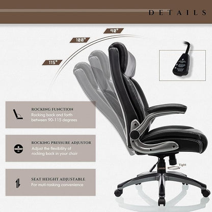 COLAMY Executive Office Ergonomic Chair with Thick Bonded Leather, 300lbs Capacity Big and Tall High Back Desk Chair with Flip-up Armrests, Adjustable Height and Tilt for Working, Study, Gaming,2PC