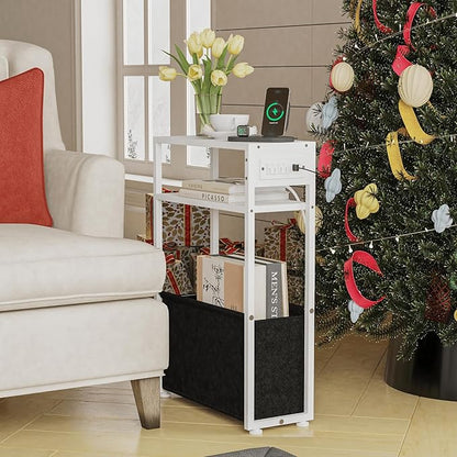 White Side Table with Charging Station, Slim End Tables with Fabric Basket, Skinny Table for Small Spaces, Thin Bedside Table for Living Room, Bedroom