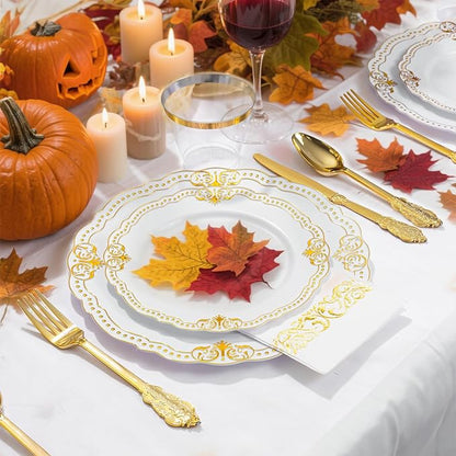 Ciaell 175 PCS White and Gold Plastic Plates - Fancy Gold Disposable Dinnerware Set with of 50 Plastic Plates, 25 Knives, 25 Forks, 25 Spoons, 25 Cups, 25 Napkins for Wedding, Party &Thanksgiving