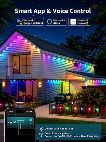 Lepro E1 AI Permanent Outdoor Lights APP Control, 50ft 30 LED Smart RGB+IC+Warm/Cool White House Eave Light for Halloween Christmas, Alexa Google Enabled, 2.4 GHz WiFi/Bluetooth, NO Remote Controller