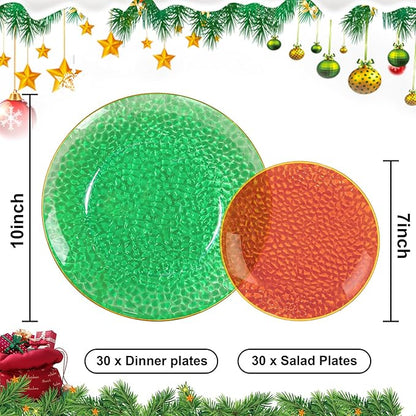 Rubtlamp 60 Pcs Christmas Plasitc Plates, Clear Green Red Plastic Plates With Gold Rim, Red Green Hammered-design, Include 30 Red Dessert Platos, 30 Green Dinner Platos, Perfect For Christmas