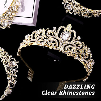 CIEHER 10 PCS Gold Crowns for Women, Crystal Queen Crown Princess Tiaras for Prom Birthday Party Halloween Costume