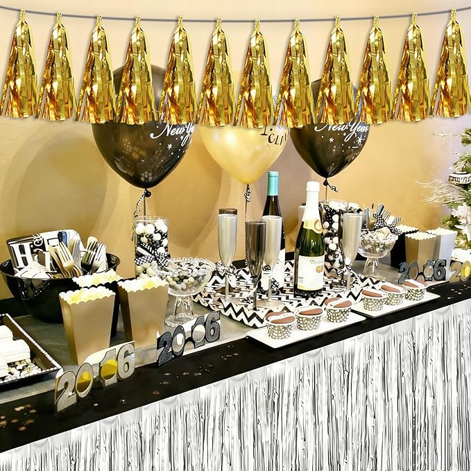 3P Gold Tassel Banner Garland Metallic Foil Fringe Banner Tinsel Tassels Streamer Banner Backdrop for Parade Floats, 2025 Graduation Decorations, Wedding Party Decoration