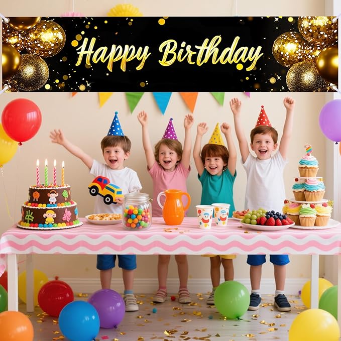 Nuxovilar Happy Birthday Banner Decorations 17.72x78.74 Inch Black Gold Balloon Theme - Polyester for Indoor Outdoor Birthday Party Decor