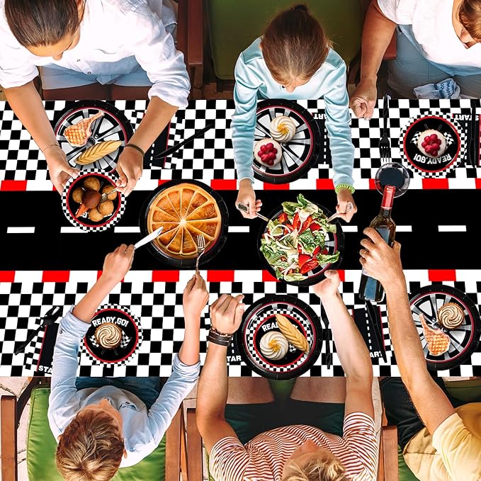 WNINK 3 PCS Racing Car Theme Tablecloths Car Disposable Plastic Tablecloths Black Checkered Flag Table Covers Racetrack Rectangular Tablecloth for Race Car Birthday Party Decorations, 54 x 108 Inch