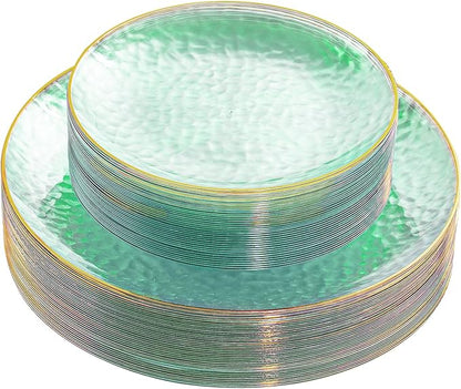 Rubtlamp 60 Green Plastic Plates, Hammered Clear and Gold Disposable Plates Include 30 Dessert Platos, 30 Dinner Platos for St. Patrick's Day