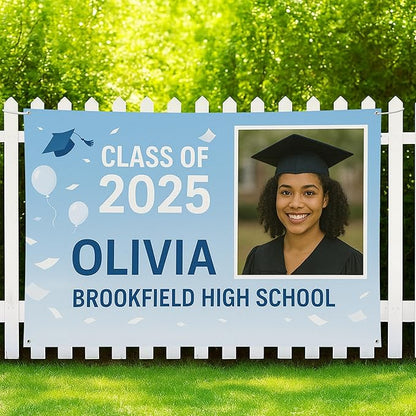 Custom Graduation Banner Class of 2025 with Photo and Name – Personalized Congrats Sign for High School or College Seniors – Indoor Outdoor Graduation Party Decoration