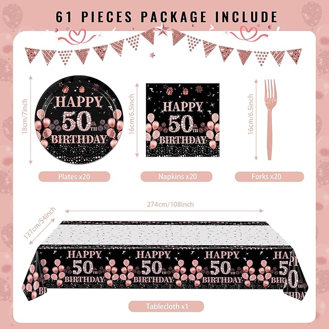 50th Birthday Decorations for Women,61Pcs Rose Gold 50th Birthday Decorations Tableware Include Happy 50th Birthday Plates and Napkins,Tablecloth,Forks,50th Birthday Party Supplies Serve 20