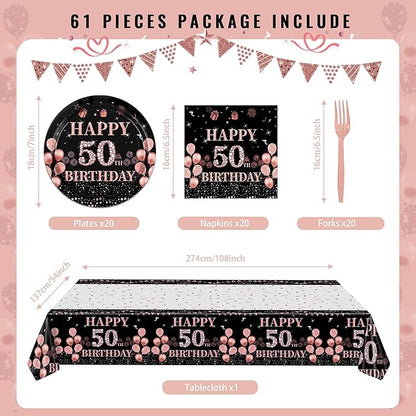 50th Birthday Decorations for Women,61Pcs Rose Gold 50th Birthday Decorations Tableware Include Happy 50th Birthday Plates and Napkins,Tablecloth,Forks,50th Birthday Party Supplies Serve 20