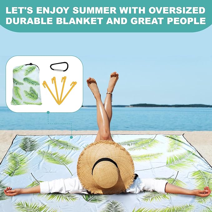 Beach Blanket waterproof sandproof beach mat 79" X 83" portable Quick Drying large essentials pincic mat for 2-4 adults have 4 Stakes & 4 Corner Pockets for camping outdoor travel(Hawai Leaves）