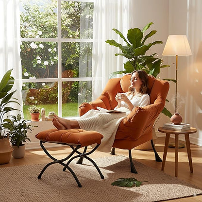 LITA Lazy Chair with Ottoman, Modern Lounge Accent Chair with Armrests and a Side Pocket, Leisure Upholstered Sofa Chairs Set, Reading Chairs with Footrest for Small Space,Orange